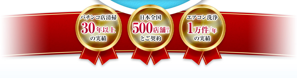 パチンコ店清掃 30年以上の実績 日本全国 500店舗以上とご契約 エアコン洗浄 1万件／年の実績