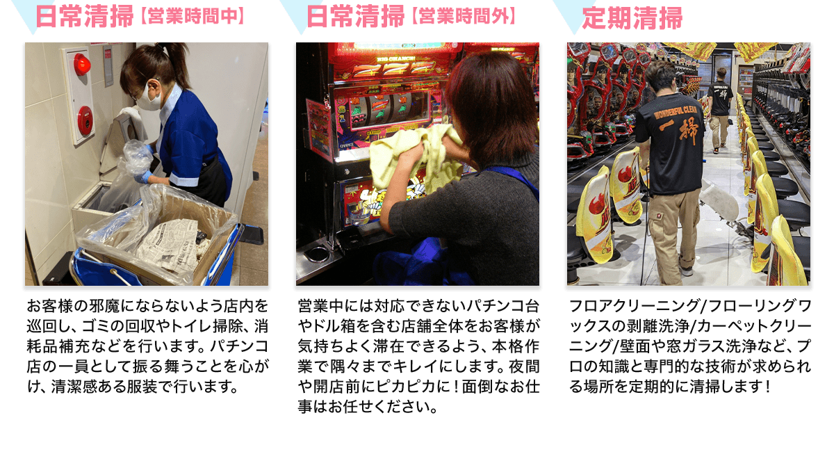 日常清掃【営業時間中】 お客様の邪魔にならないよう店内を巡回し、ゴミの回収やトイレ掃除、消耗品補充などを行います。パチンコ店の一員として振る舞うことを心がけ、清潔感ある服装で行います。 日常清掃【営業時間外】 営業中には対応できないパチンコ台やドル箱を含む店舗全体をお客様が気持ちよく滞在できるよう、本格作業で隅々までキレイにします。夜間や開店前にピカピカに！面倒なお仕事はお任せください。 定期清掃 フロアクリーニング／フローリングワックスの剥離洗浄／カーペットクリーニング／壁面や窓ガラス洗浄など、プ口の知識と専門的な技術が求められる場所を定期的に清掃します！